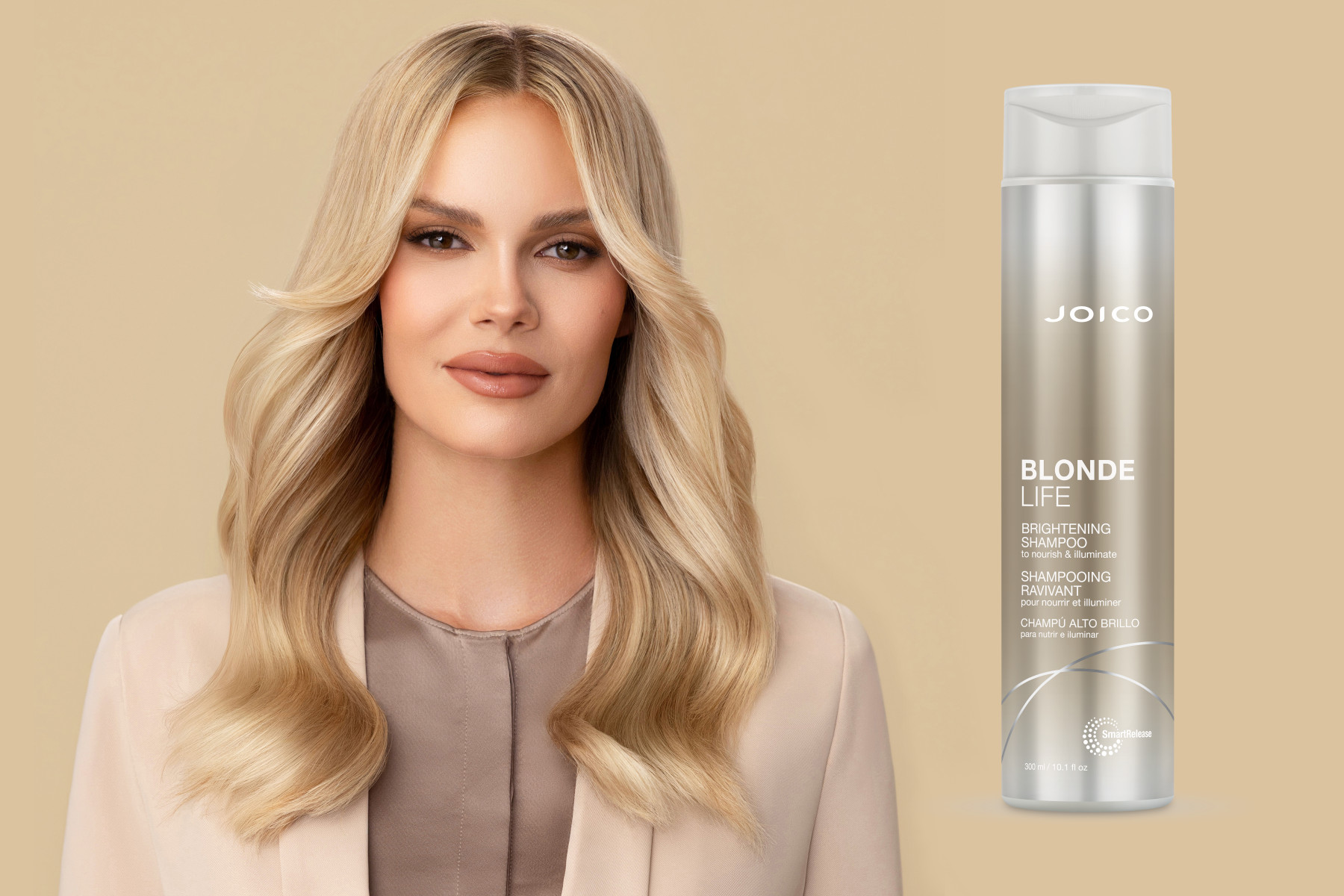 blonde life brightening shampoo and model