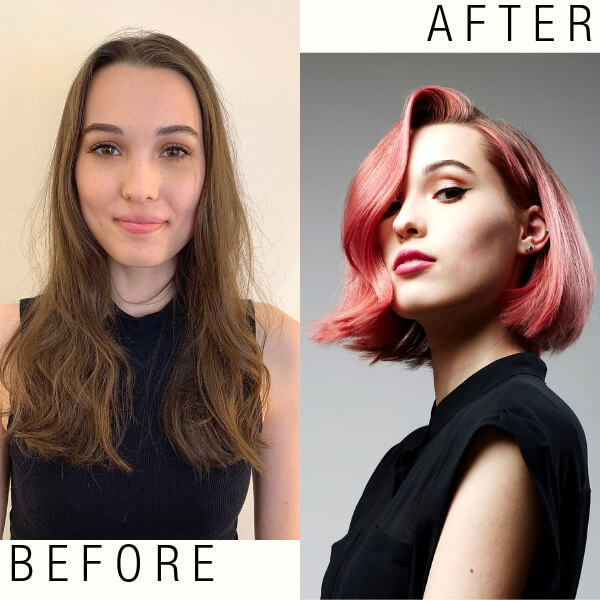 Bespoke Bob haircut model before and after