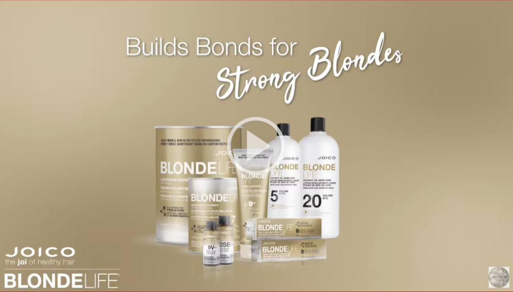 blonde life color collection with lightening powder, balayage, and developer with text builds bonds for strong blondes
