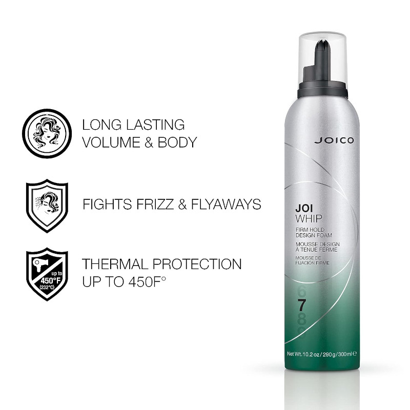 joi whip can with benefits, long lasting volume and body, fights frizz, thermal protection