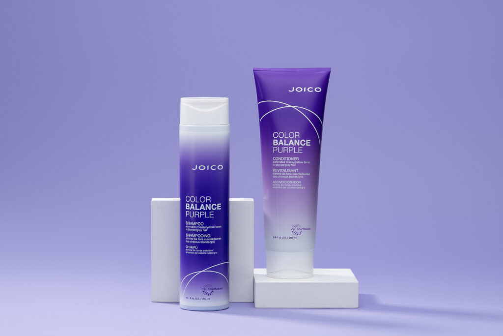 Joico Color Balance Purple Shampoo and Conditioner bottles hair product
