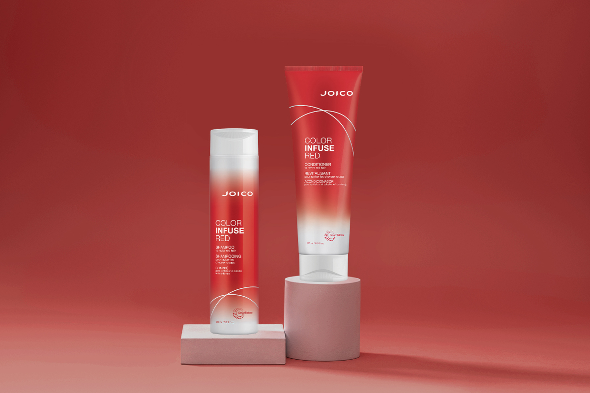 Joico Color Infuse Red Shampoo and Conditioner bottles hair product