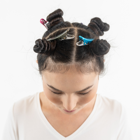 model with hair arranged in quadrants