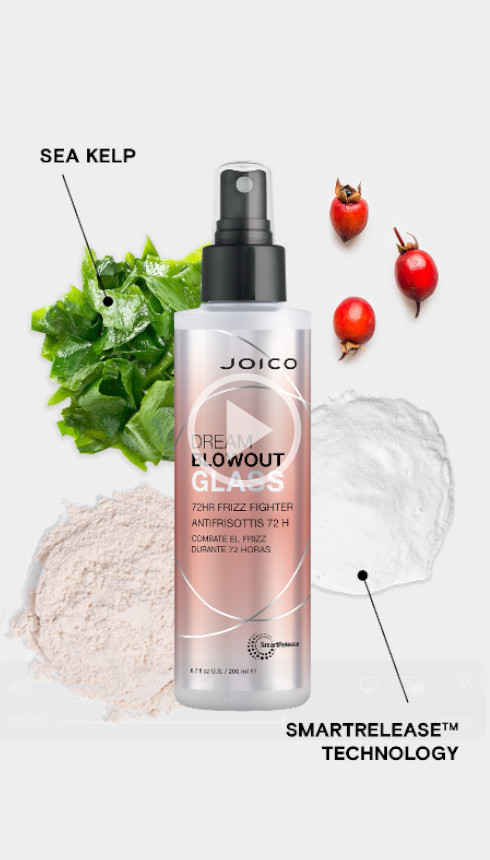 Dream blowout glass spray bottle with ingredients background and play button