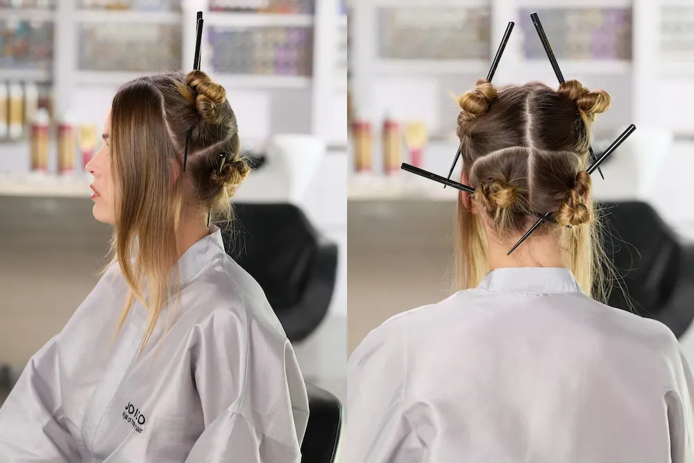 collage of woman in salon with hair ready for treatment